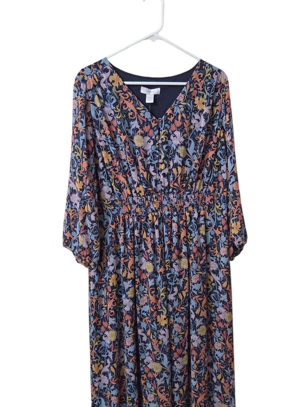 CJ Banks Navy Floral Maxi Dress with Peach, Yellow & Lavender Print